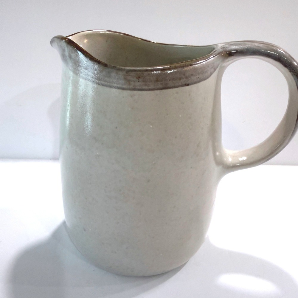 Chatham Pottery USA Handmade Stoneware Pitcher Speckled Beige Brown Rim 5.5in